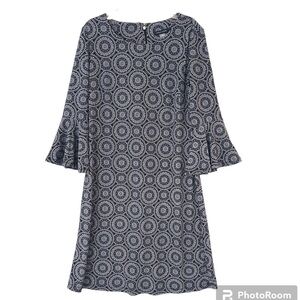 Tommy Hilfiger 3/4 Bell Sleeve Geometric Print Shift Dress Navy/Cream Size 6